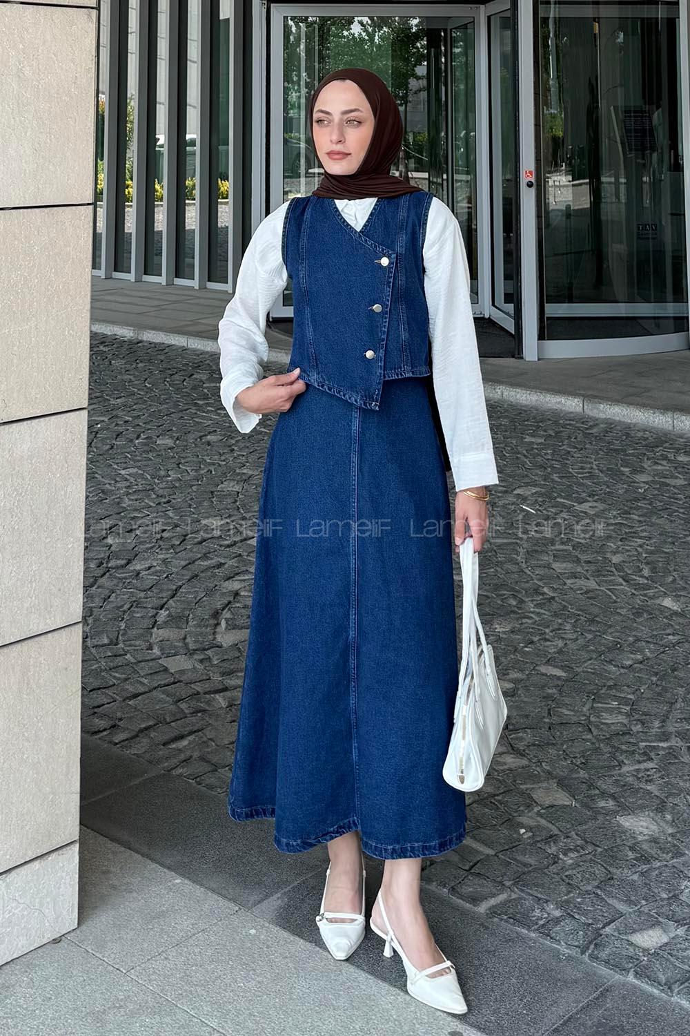 Blue V Neck Sleeveless Arm Denim Straight Skirt Suit