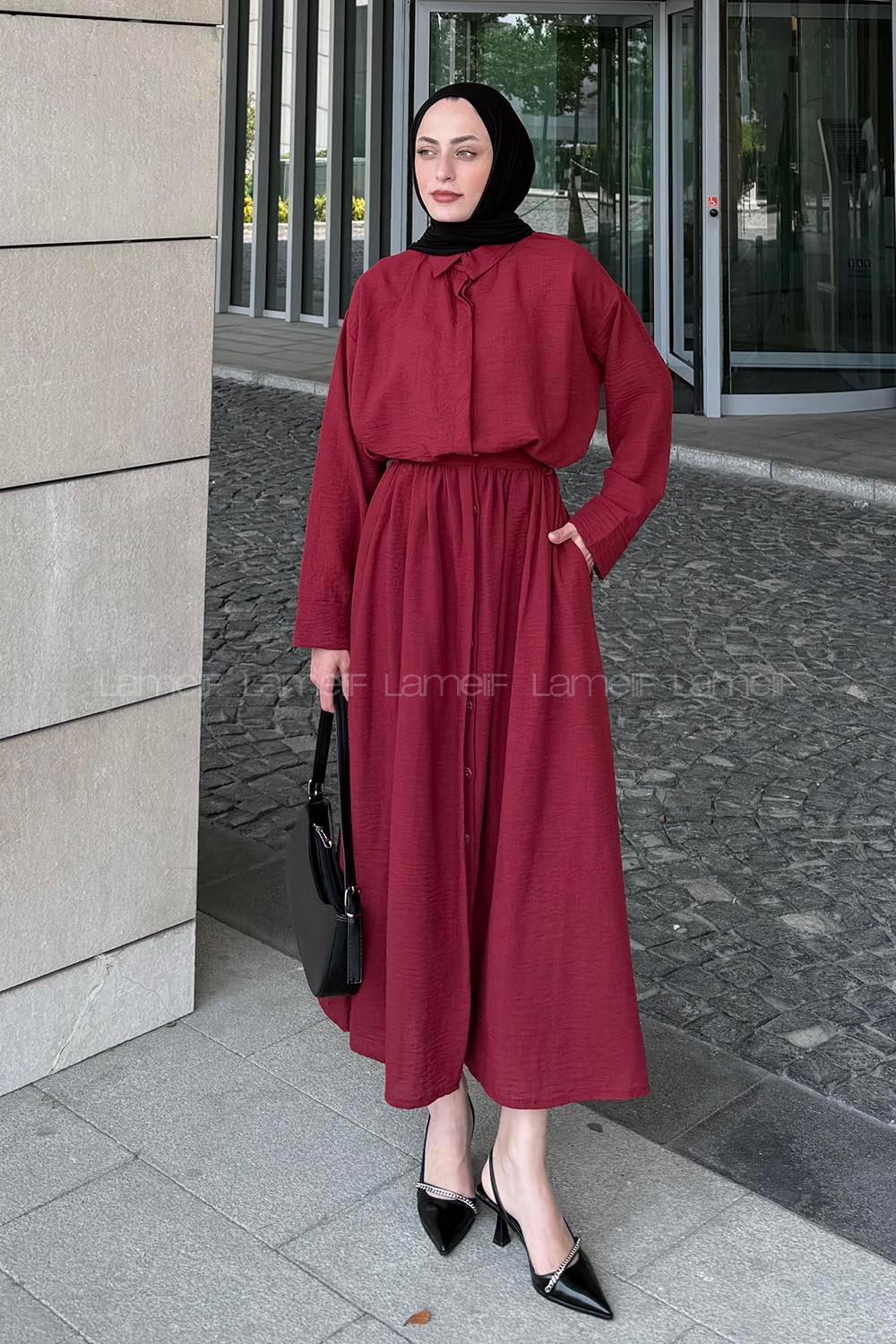 Lamelif Pera Keten Etekli Takım Bordo