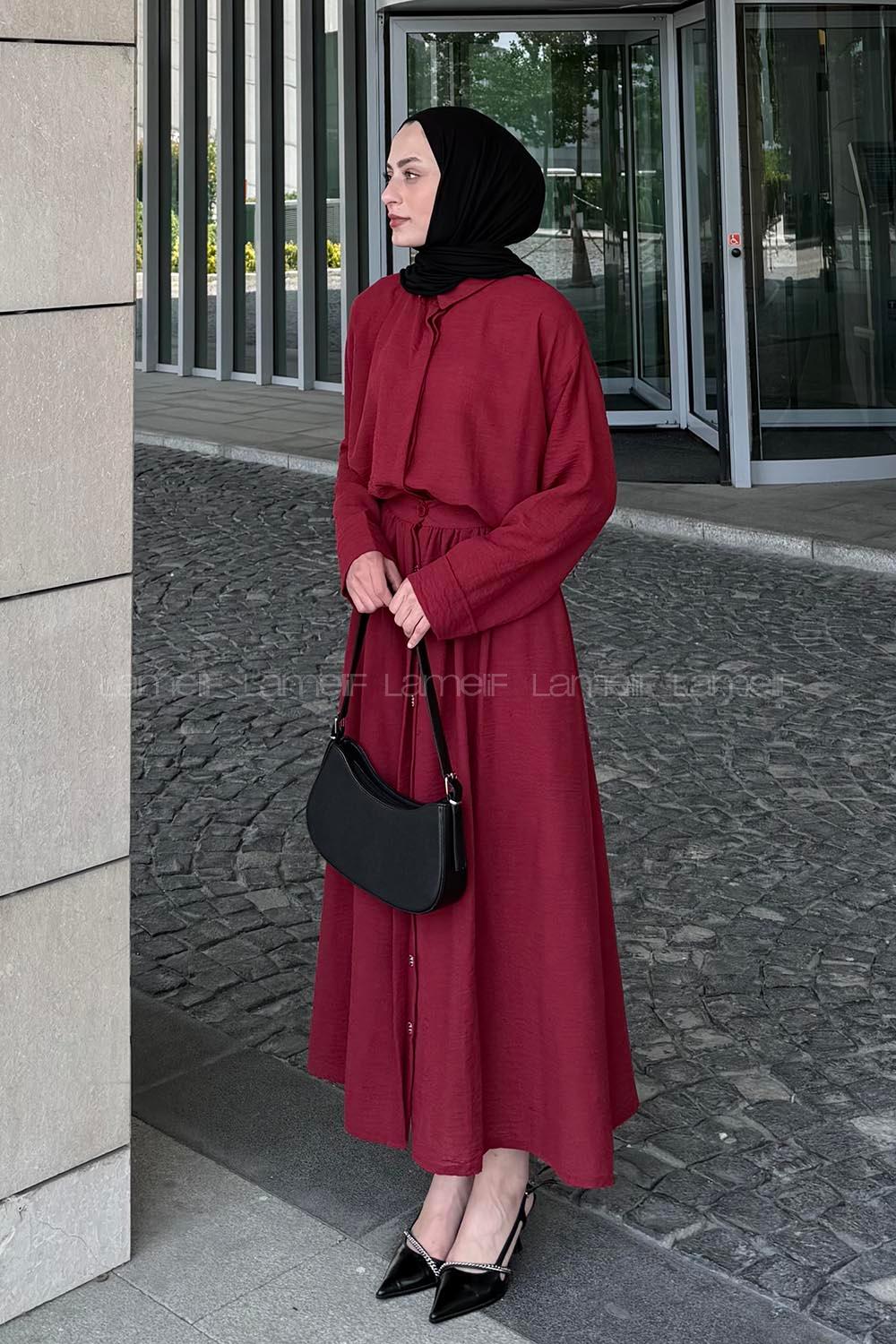 Lamelif Pera Keten Etekli Takım Bordo