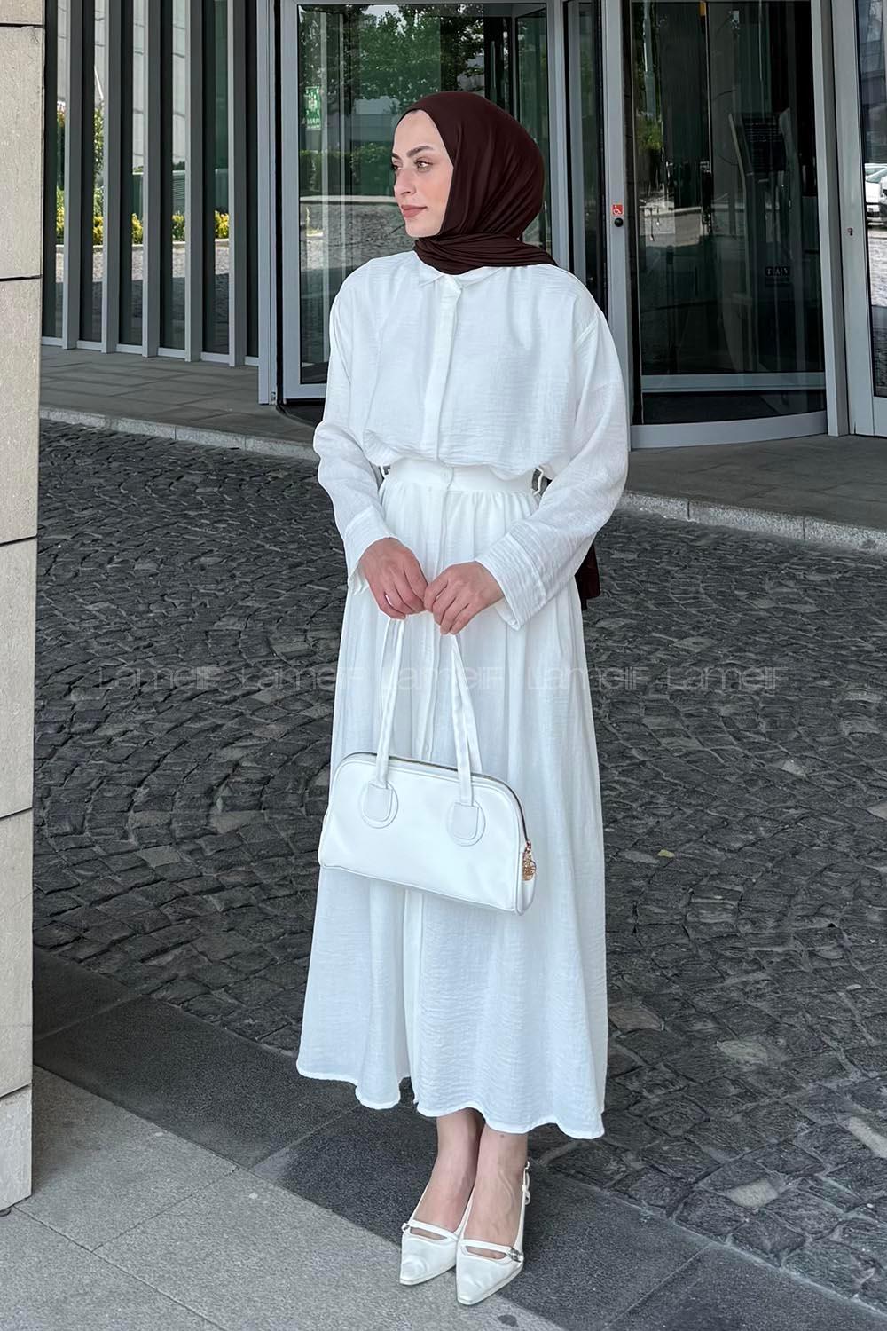 Ecru Shirt Collar Long Arm Linen Flare Suit