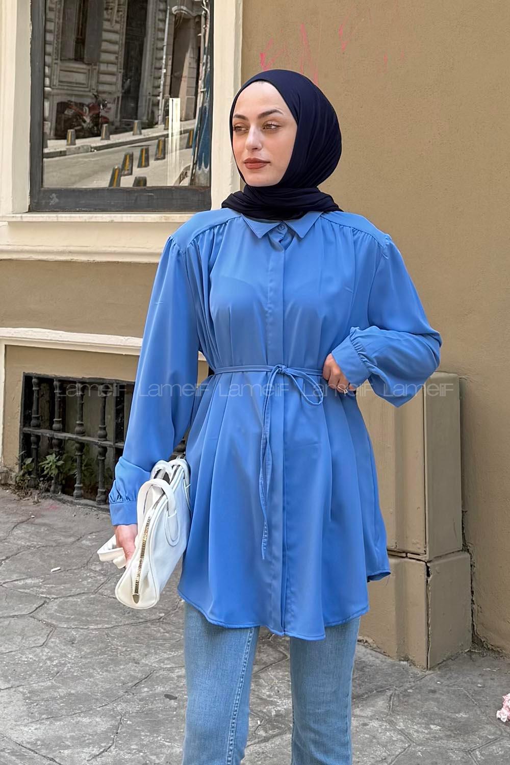 Lamelif Omuz Büzgü Detaylı Tunik İndigo