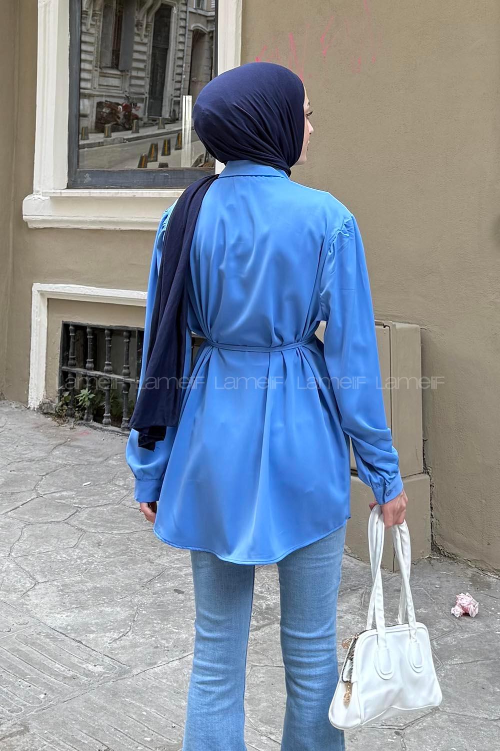 Lamelif Omuz Büzgü Detaylı Tunik İndigo