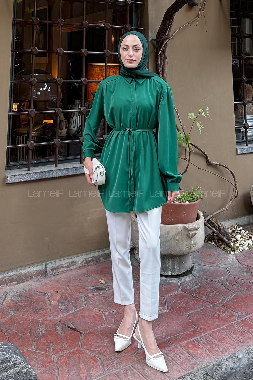 Emerald Green Shirt Collar Polyester Tunic