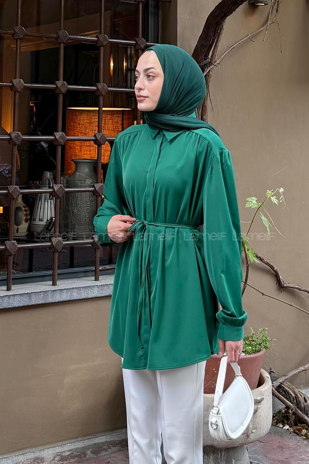 Emerald Green Shirt Collar Polyester Tunic