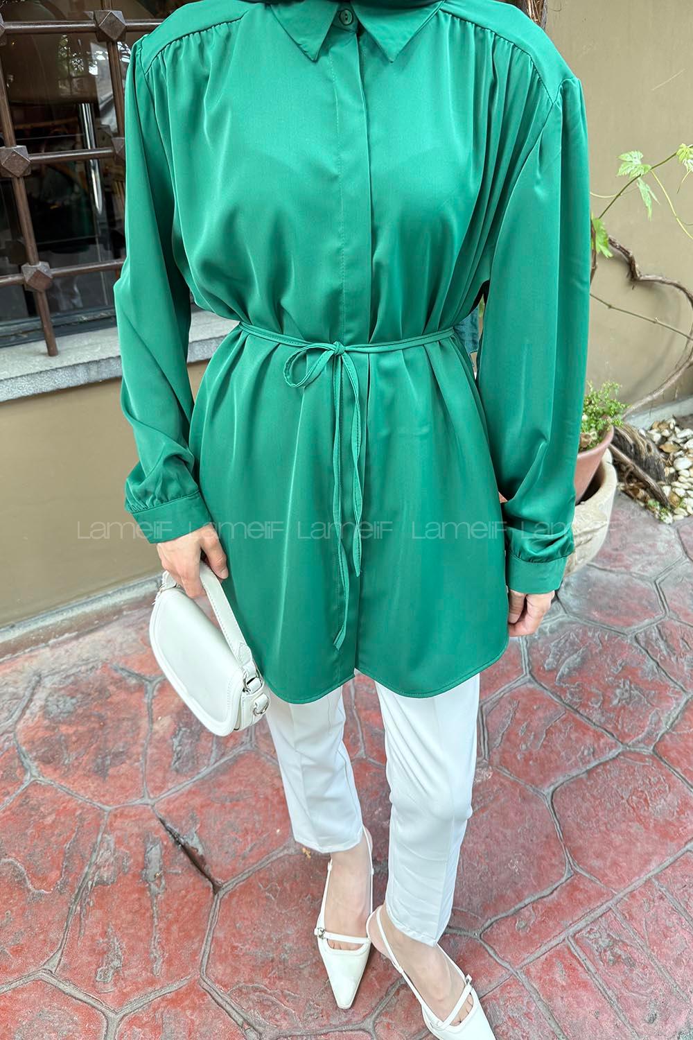 Emerald Green Shirt Collar Polyester Tunic