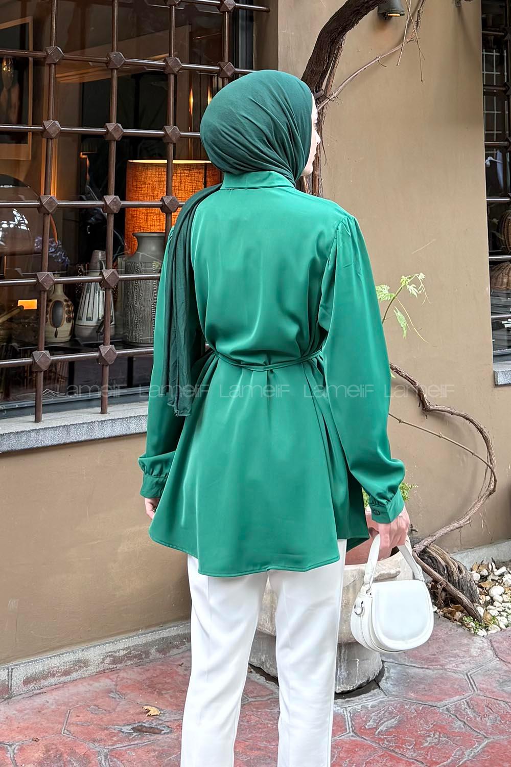Emerald Green Shirt Collar Polyester Tunic
