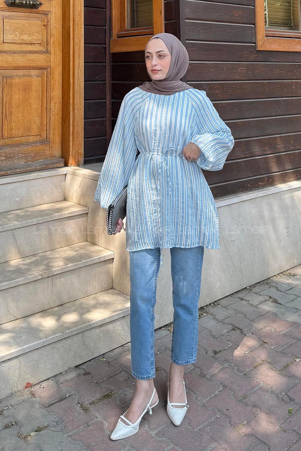 Lamelif Çizgi Detaylı Bağlamalı Tunik Bebe Mavisi
