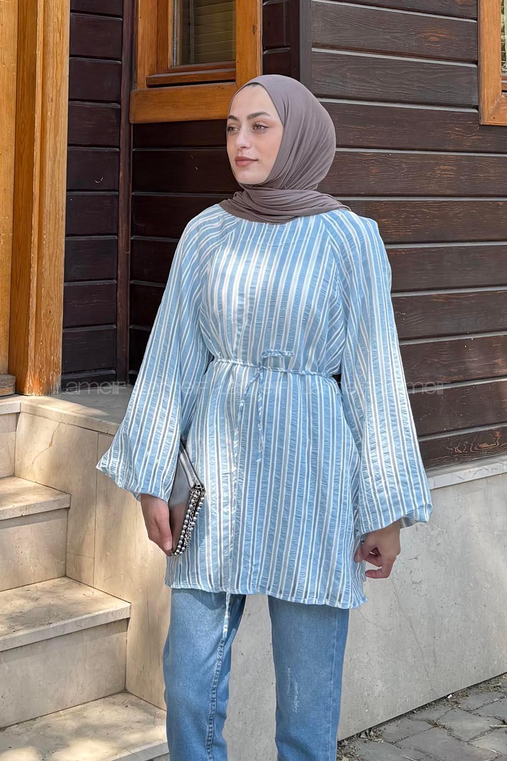Lamelif Çizgi Detaylı Bağlamalı Tunik Bebe Mavisi
