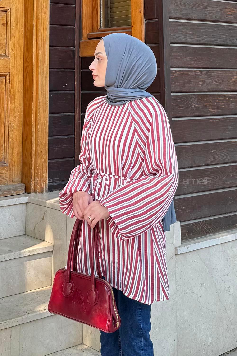 Lamelif Çizgi Detaylı Bağlamalı Tunik Bordo