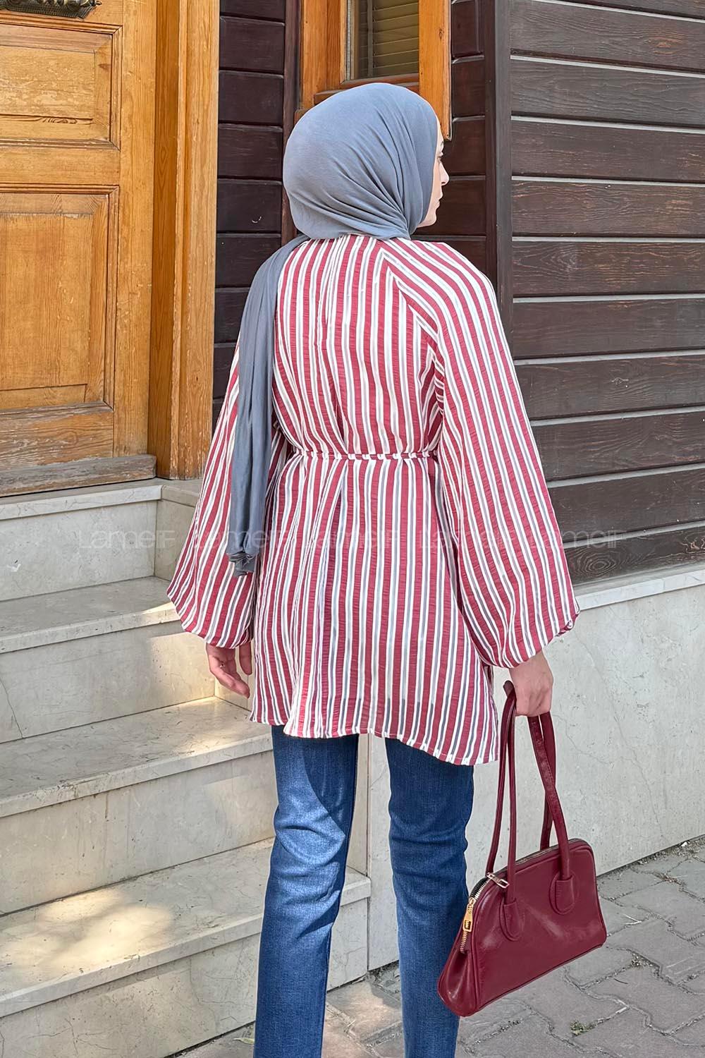 Lamelif Çizgi Detaylı Bağlamalı Tunik Bordo