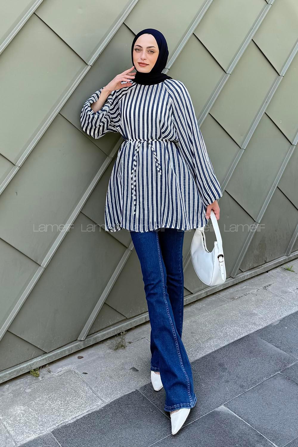 Detaylı Bağlamalı Tunik Lacivert
