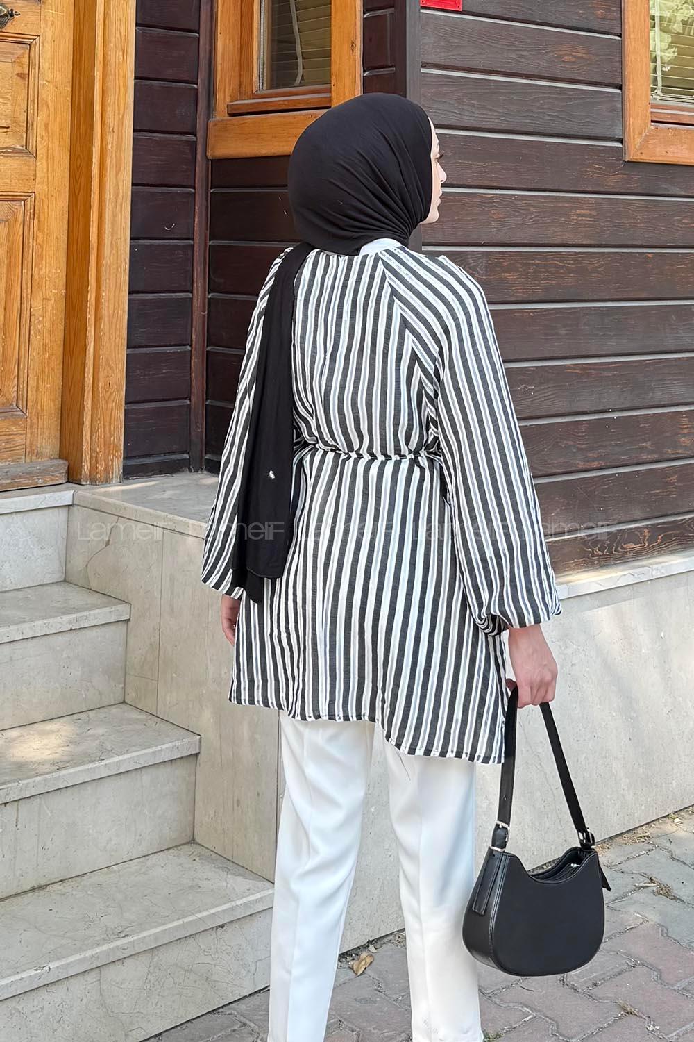 Lamelif Çizgi Detaylı Bağlamalı Tunik Siyah