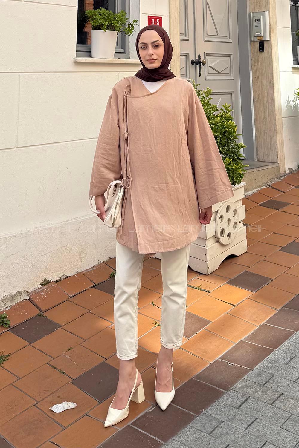 Lamelif Bağcık Detaylı Tesettür Kimono Sütlü Kahve