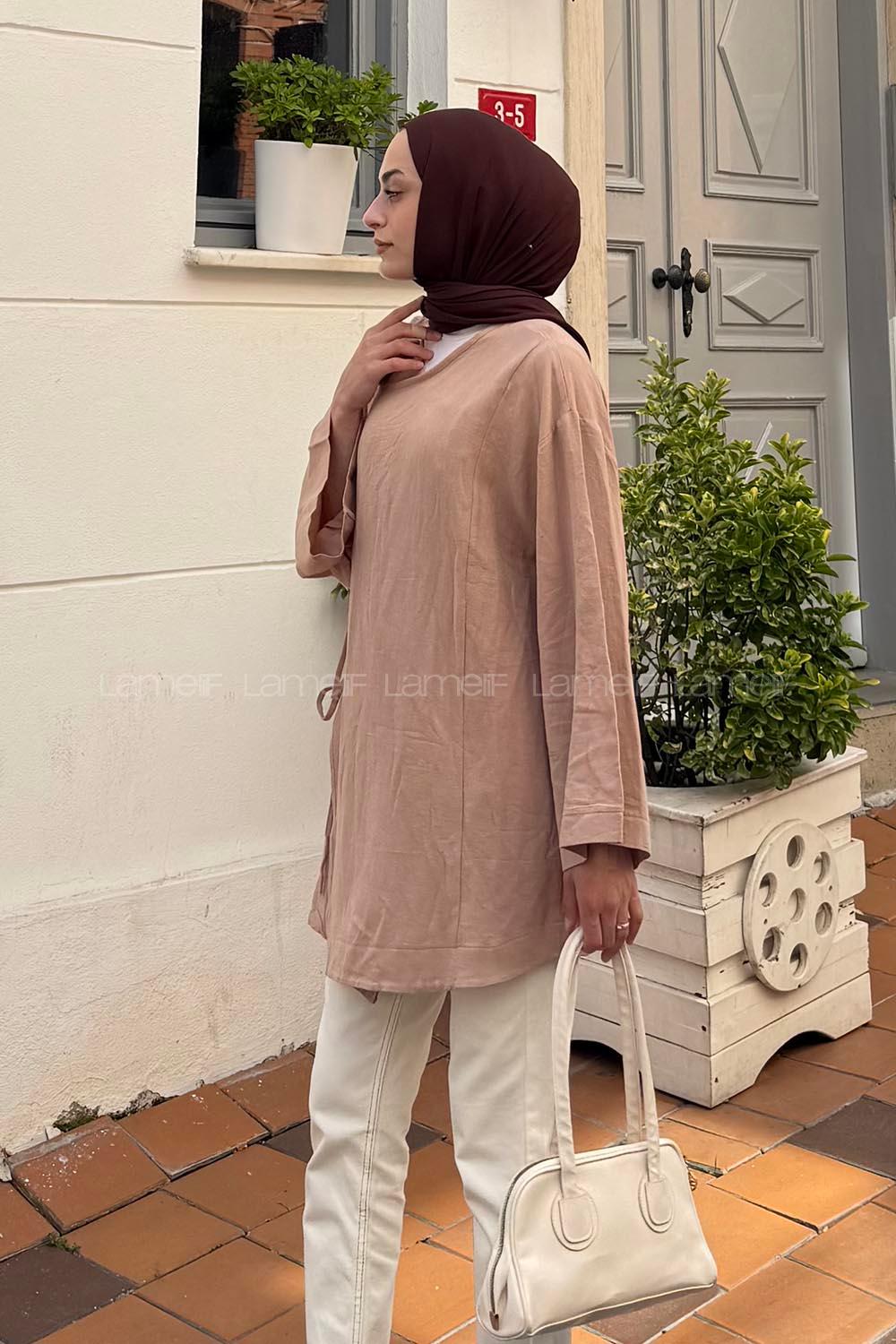 Lamelif Bağcık Detaylı Tesettür Kimono Sütlü Kahve