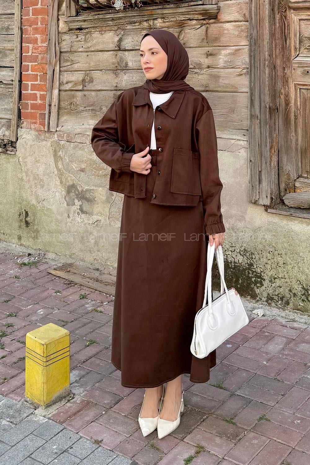 Lamelif Cep Detaylı İkili Etek Tesettür Takım Acı Kahve