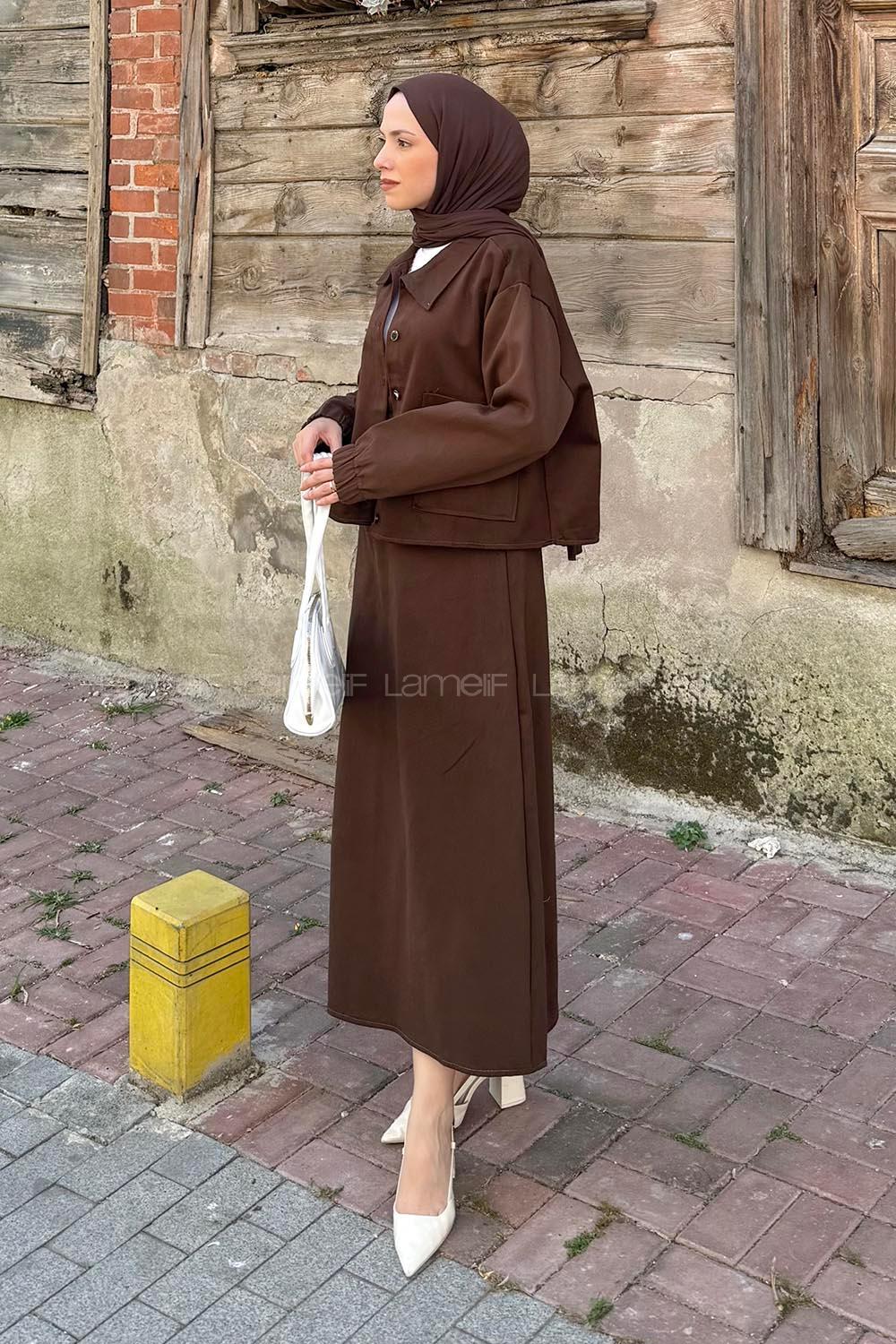 Lamelif Cep Detaylı İkili Etek Tesettür Takım Acı Kahve