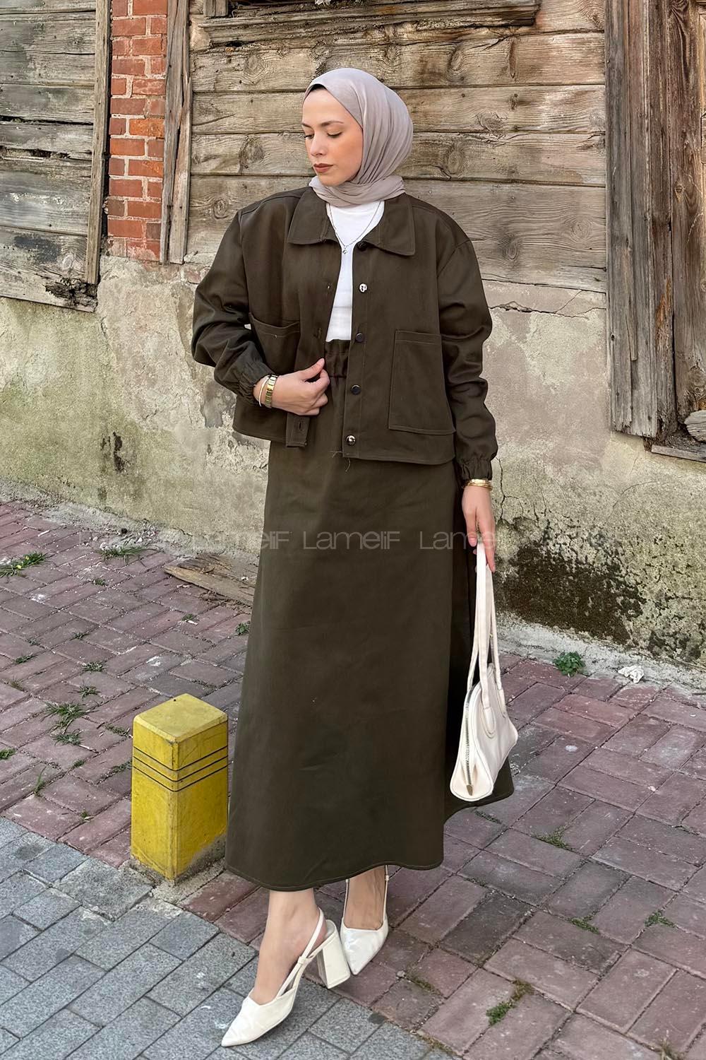 Lamelif Cep Detaylı İkili Etek Tesettür Takım Asker Yeşili