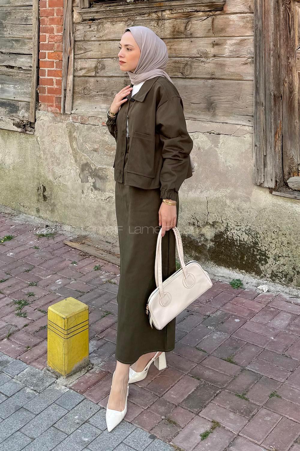 Lamelif Cep Detaylı İkili Etek Tesettür Takım Asker Yeşili