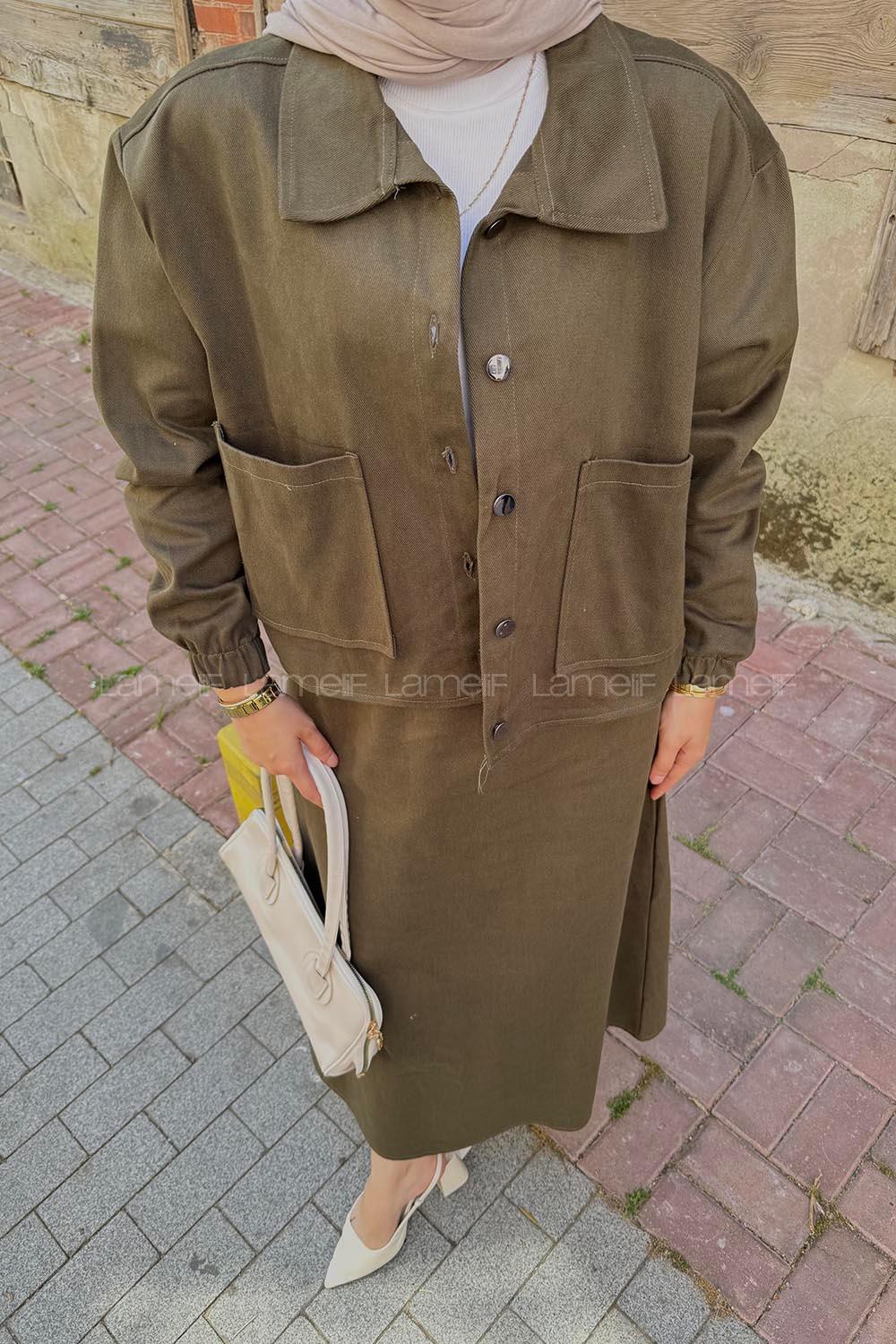 Lamelif Cep Detaylı İkili Etek Tesettür Takım Asker Yeşili