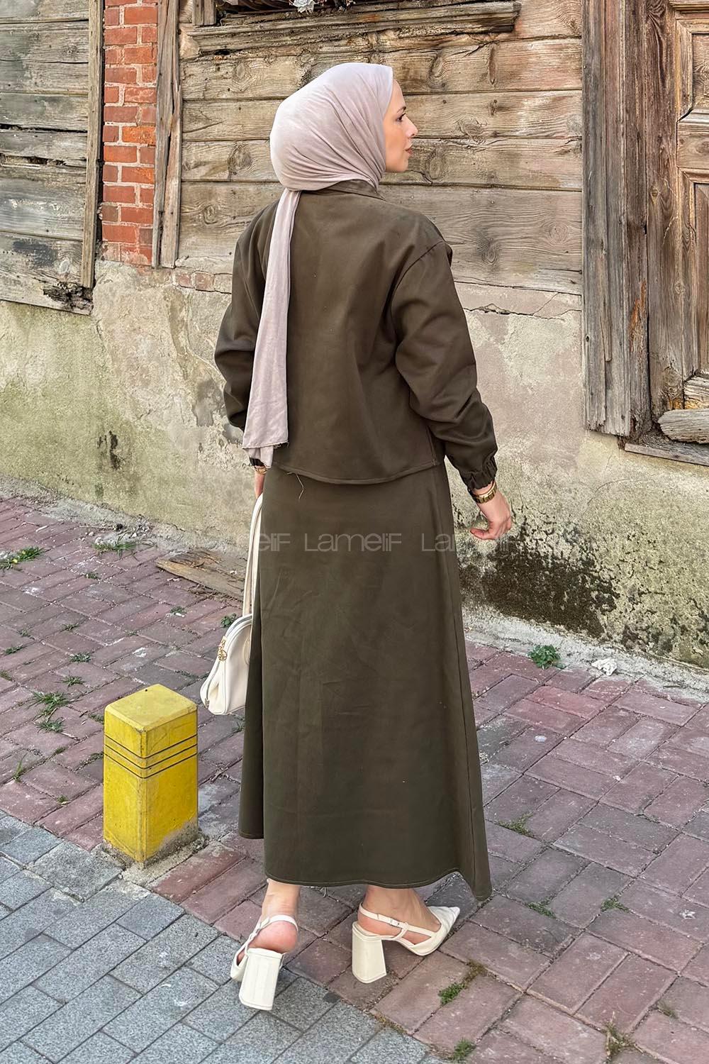 Lamelif Cep Detaylı İkili Etek Tesettür Takım Asker Yeşili