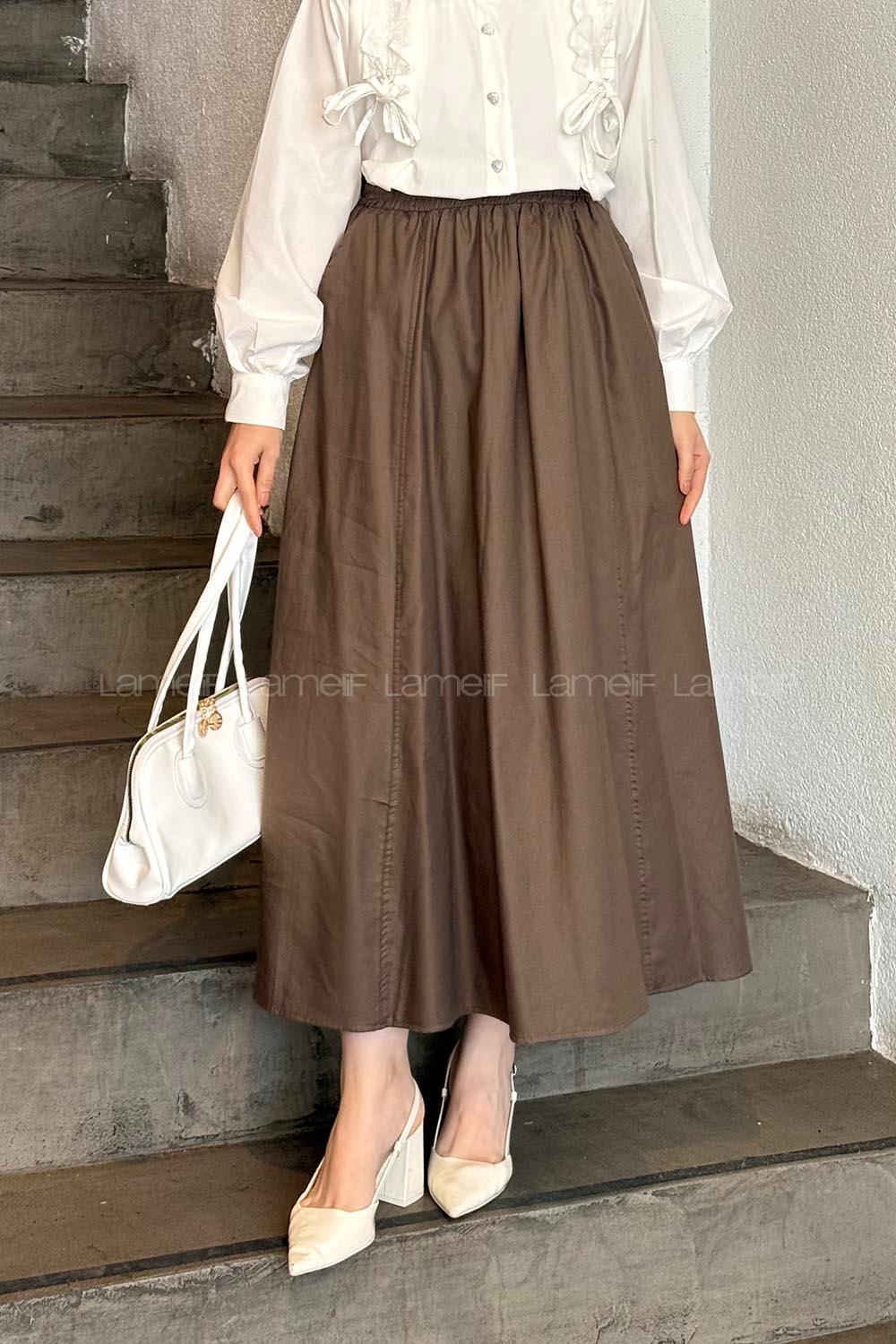 Lamelif Cep Detaylı Kloş Etek Kahve