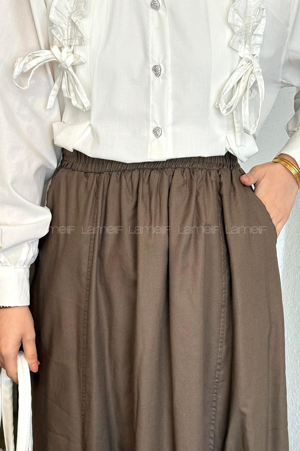 Lamelif Cep Detaylı Kloş Etek Kahve