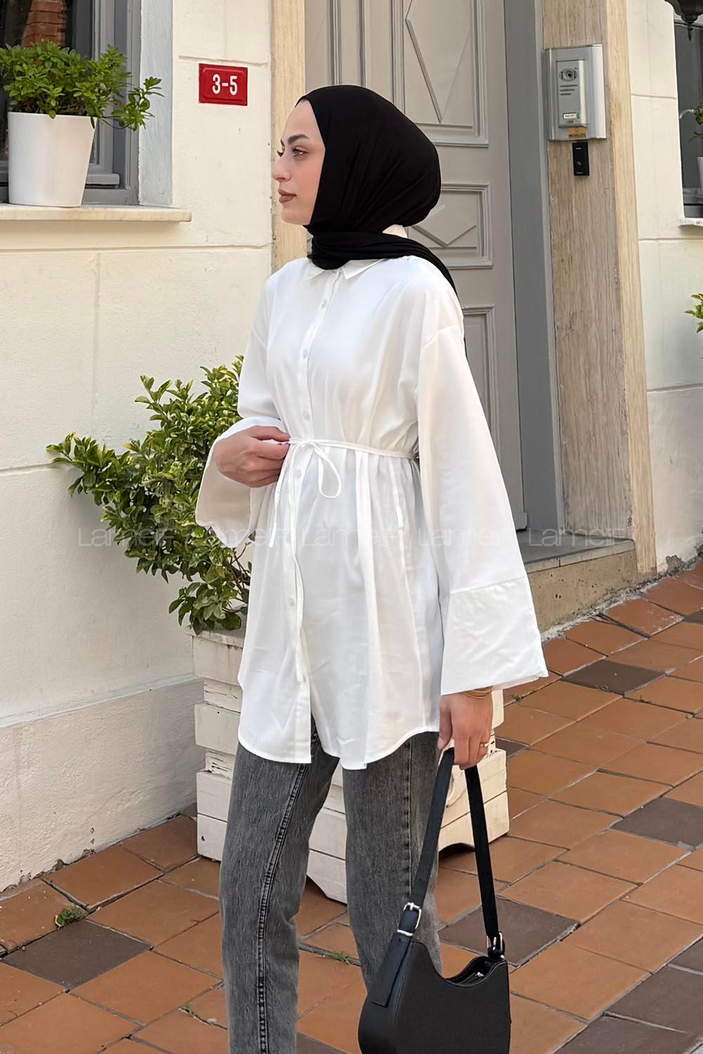 Lamelif Cupra Belden İpli Tesettür Gömlek Beyaz