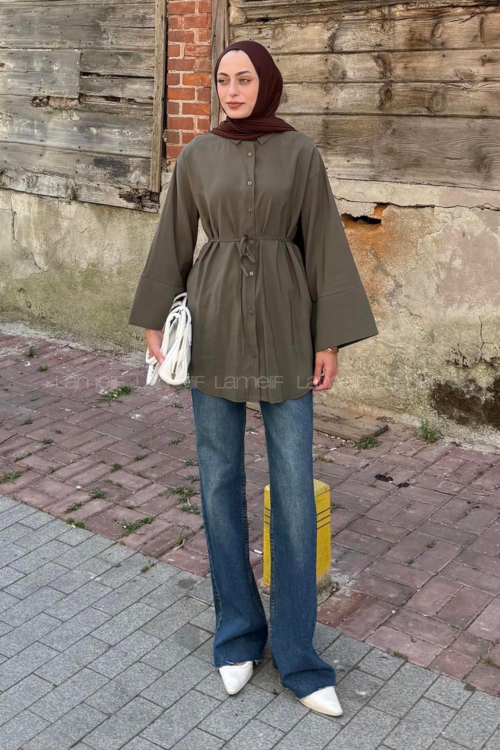 Lamelif Cupra Belden İpli Tesettür Gömlek Haki