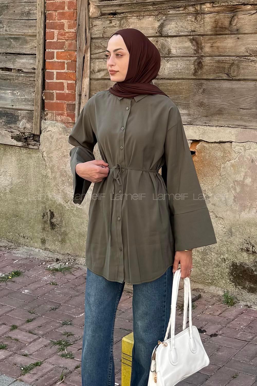 Lamelif Cupra Belden İpli Tesettür Gömlek Haki