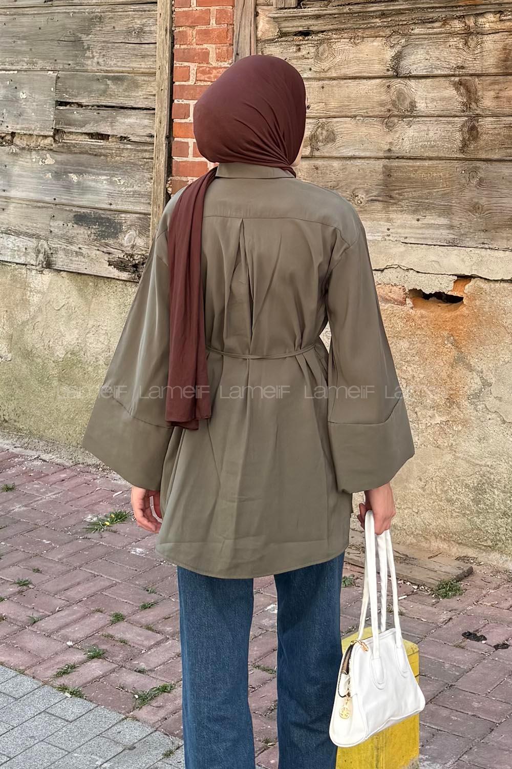 Lamelif Cupra Belden İpli Tesettür Gömlek Haki