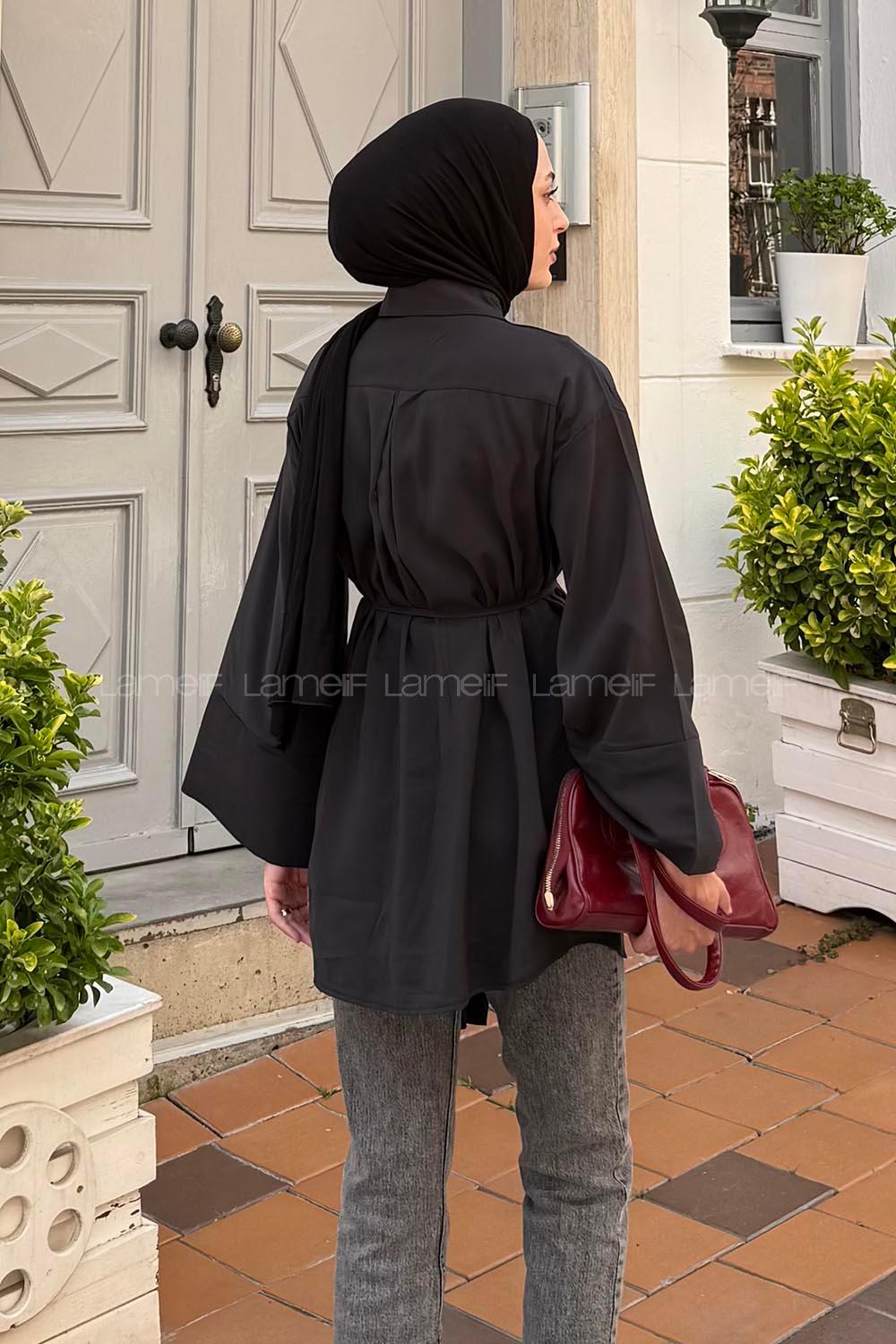 Lamelif Cupra Belden İpli Tesettür Gömlek Siyah