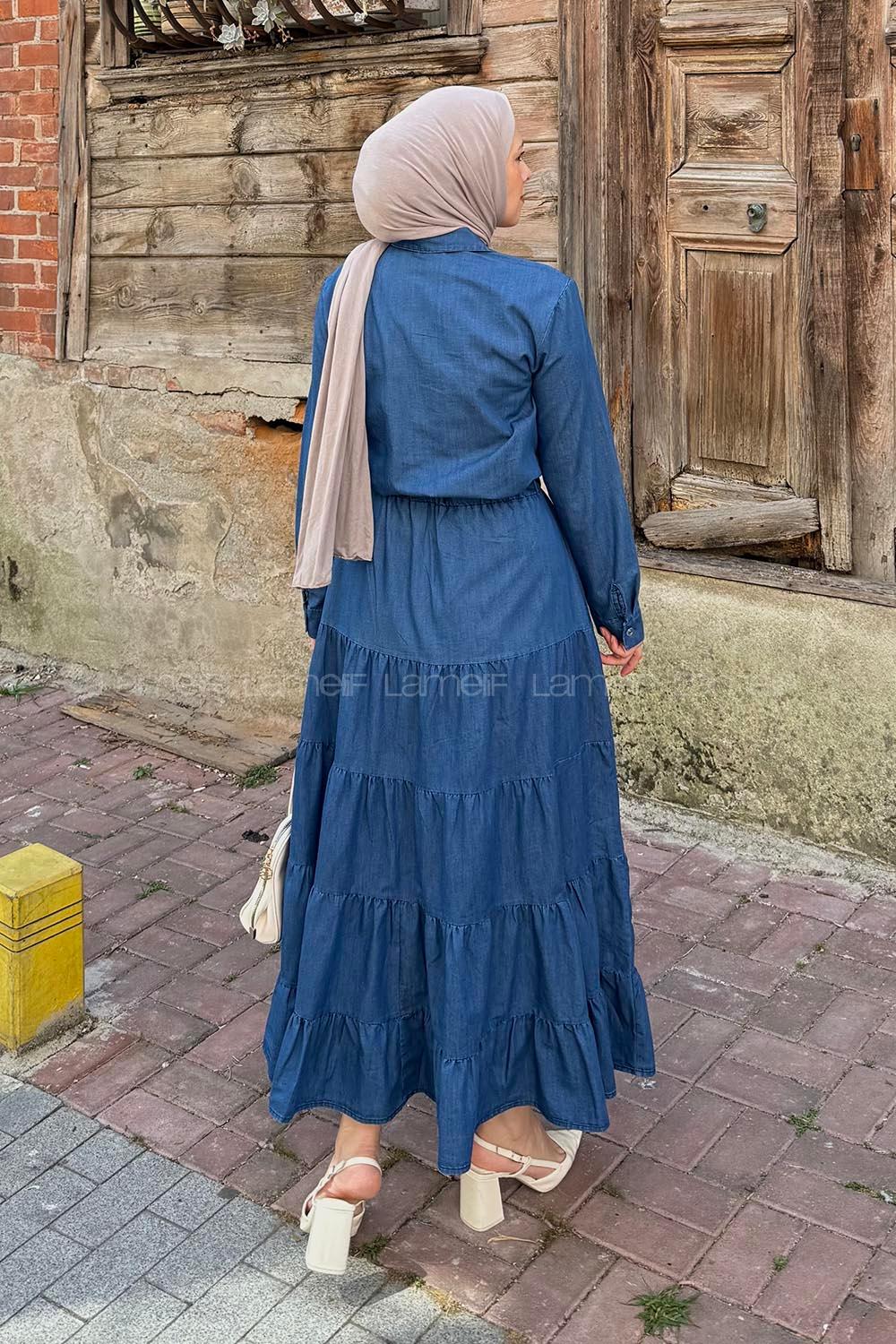 Lamelif Fırfırlı Elbise Koyu Mavi