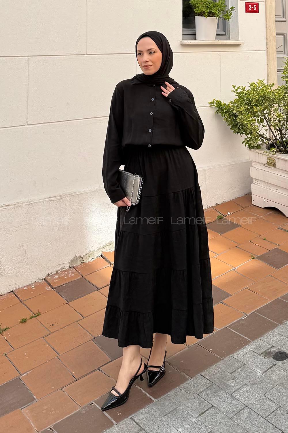 Lamelif Fırfırlı Elbise Koyu Siyah
