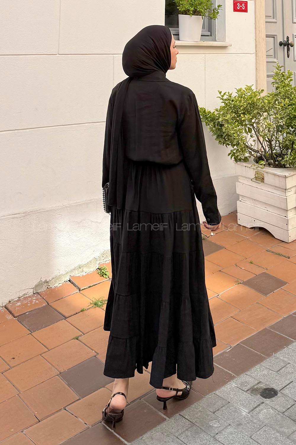 Lamelif Fırfırlı Elbise Koyu Siyah