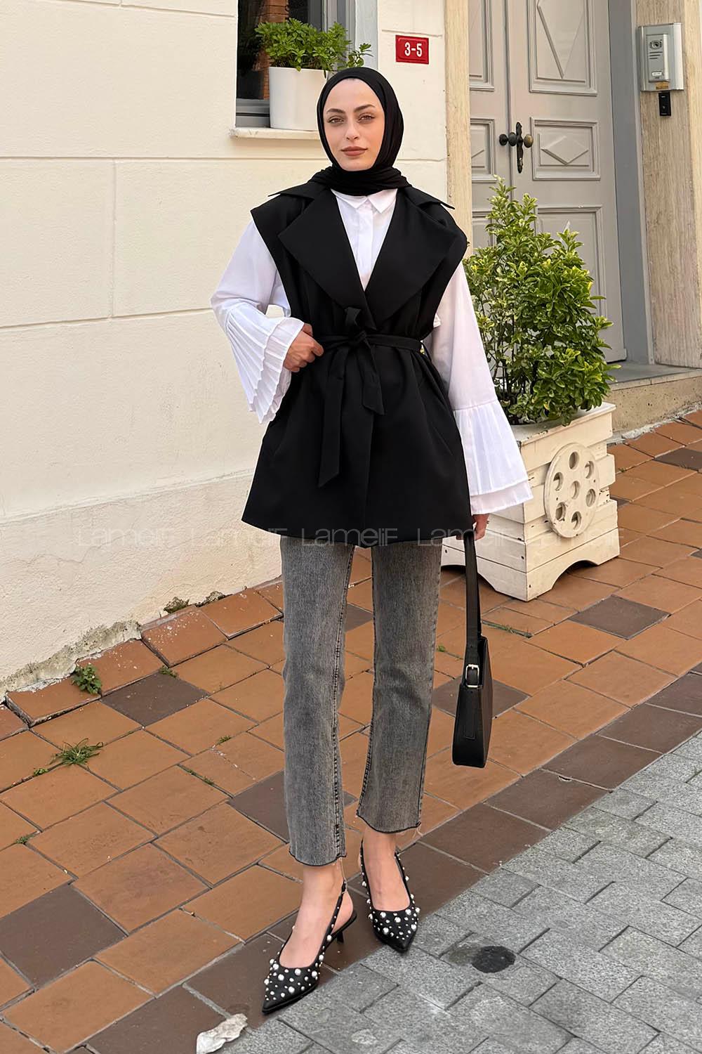 Black Normal Neck Sleeveless Arm Polyester Jacket