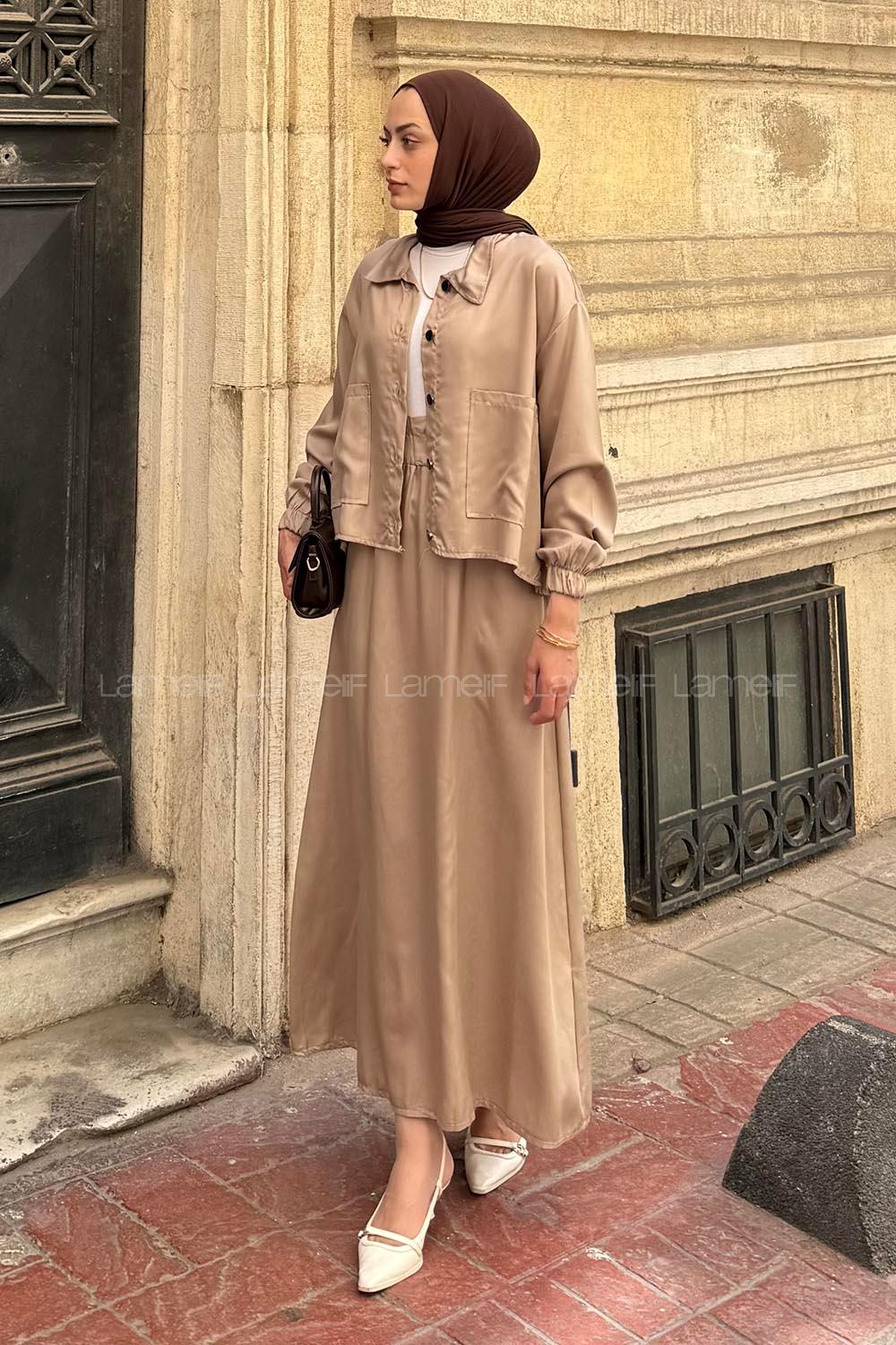 Sand Beige Shirt Collar Long Arm Gabardin Flare Suit