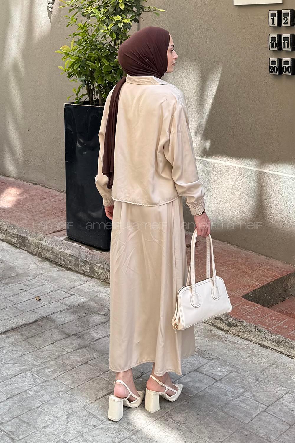 Lamelif Cep Detaylı İkili Etek Tesettür Takım Taş Rengi