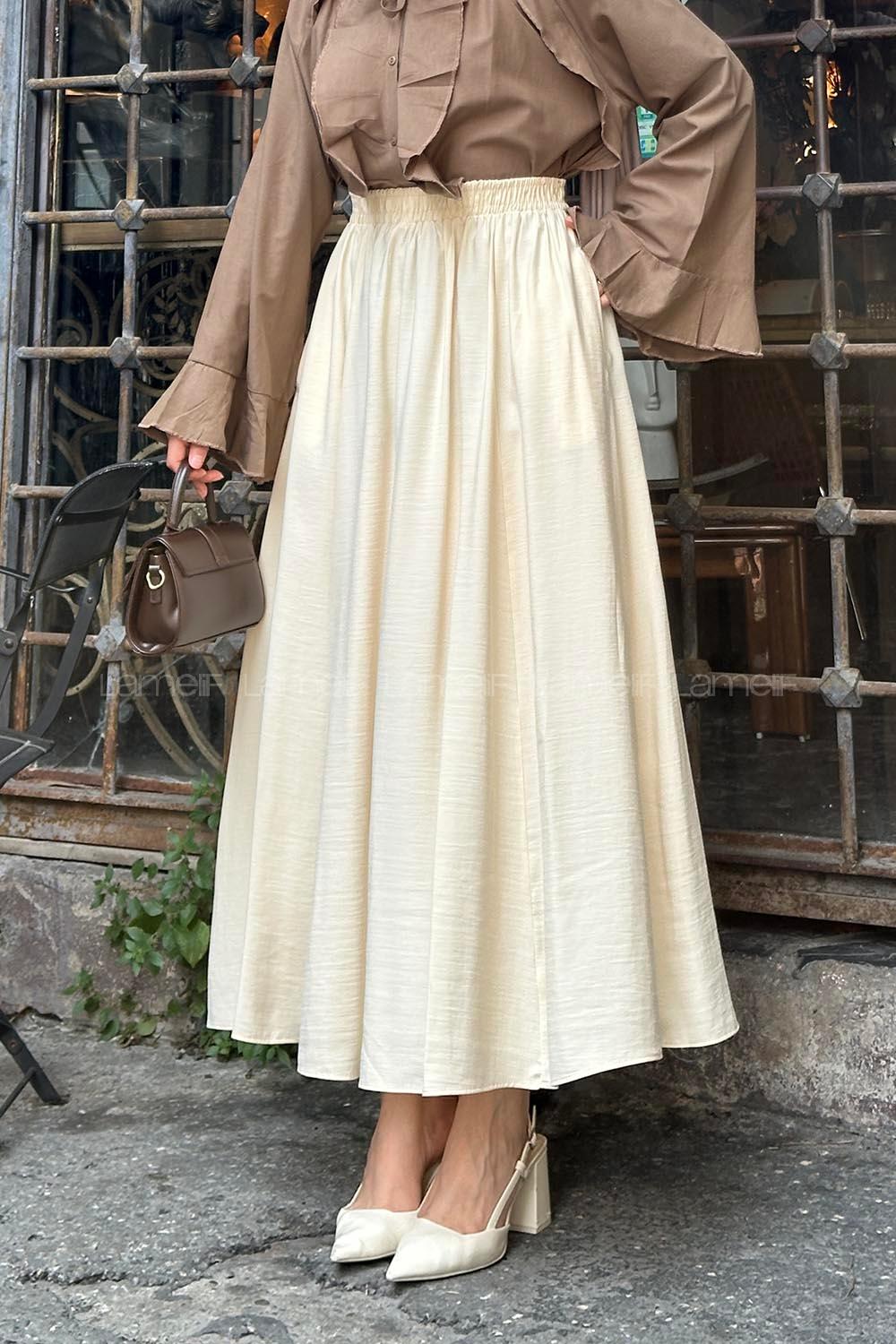 Lamelif Cep Detaylı Keten Etek Krem