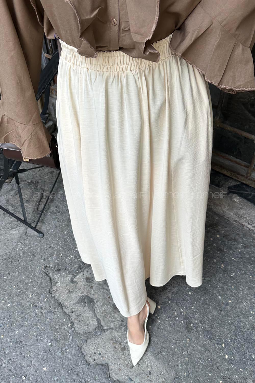 Lamelif Cep Detaylı Keten Etek Krem