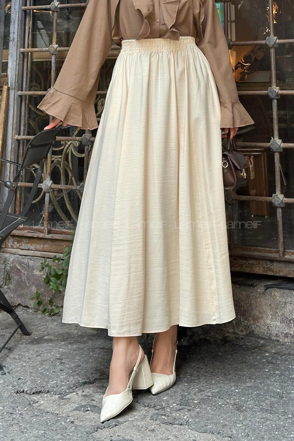 Lamelif Cep Detaylı Keten Etek Krem