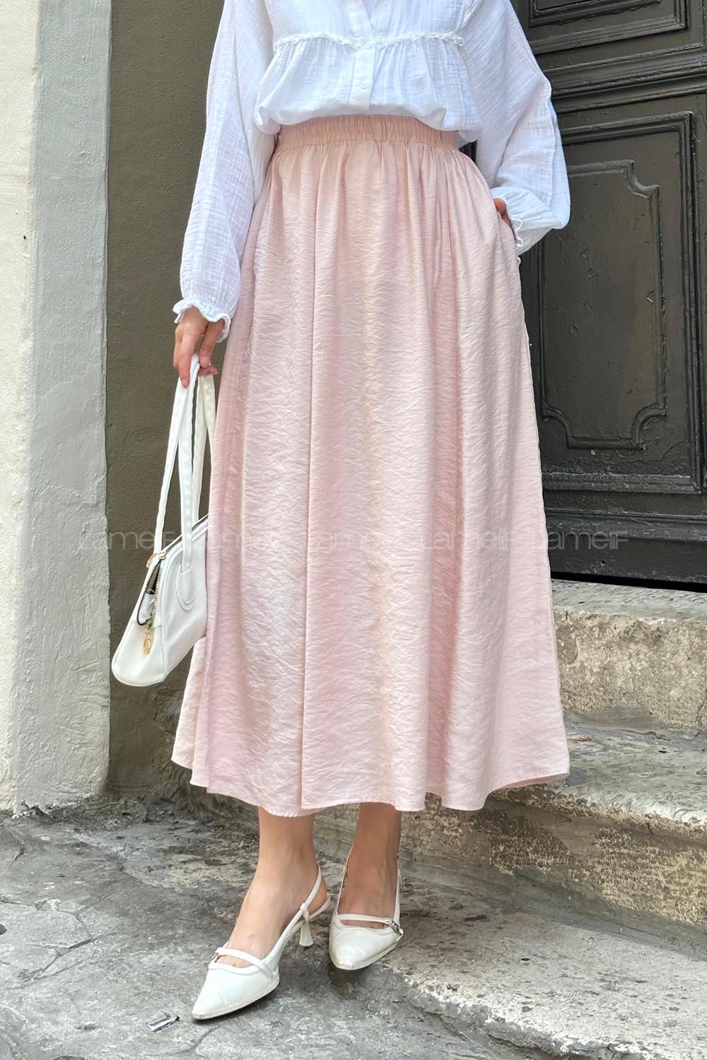 Lamelif Cep Detaylı Keten Etek Pudra