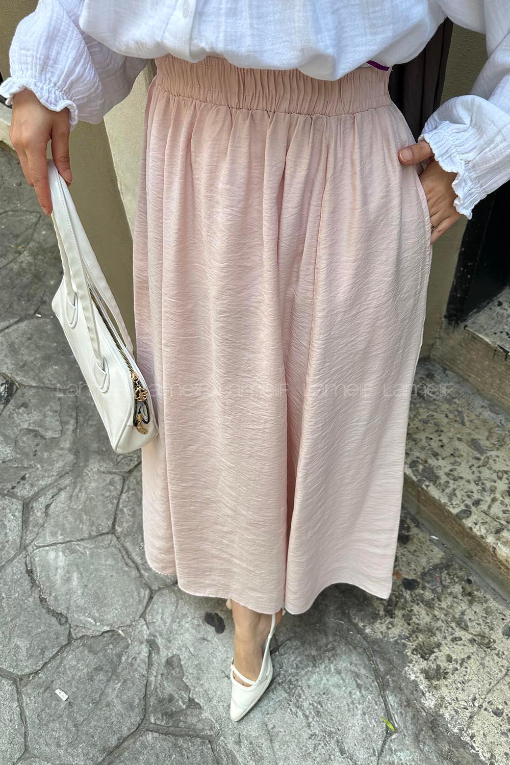 Lamelif Cep Detaylı Keten Etek Pudra