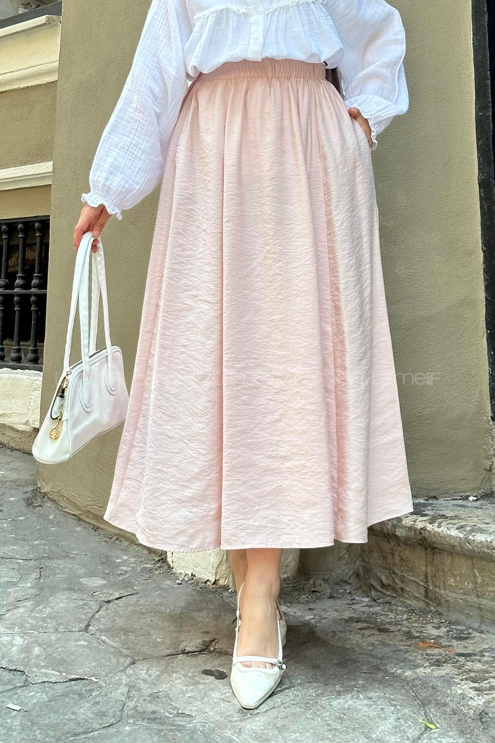 Lamelif Cep Detaylı Keten Etek Pudra