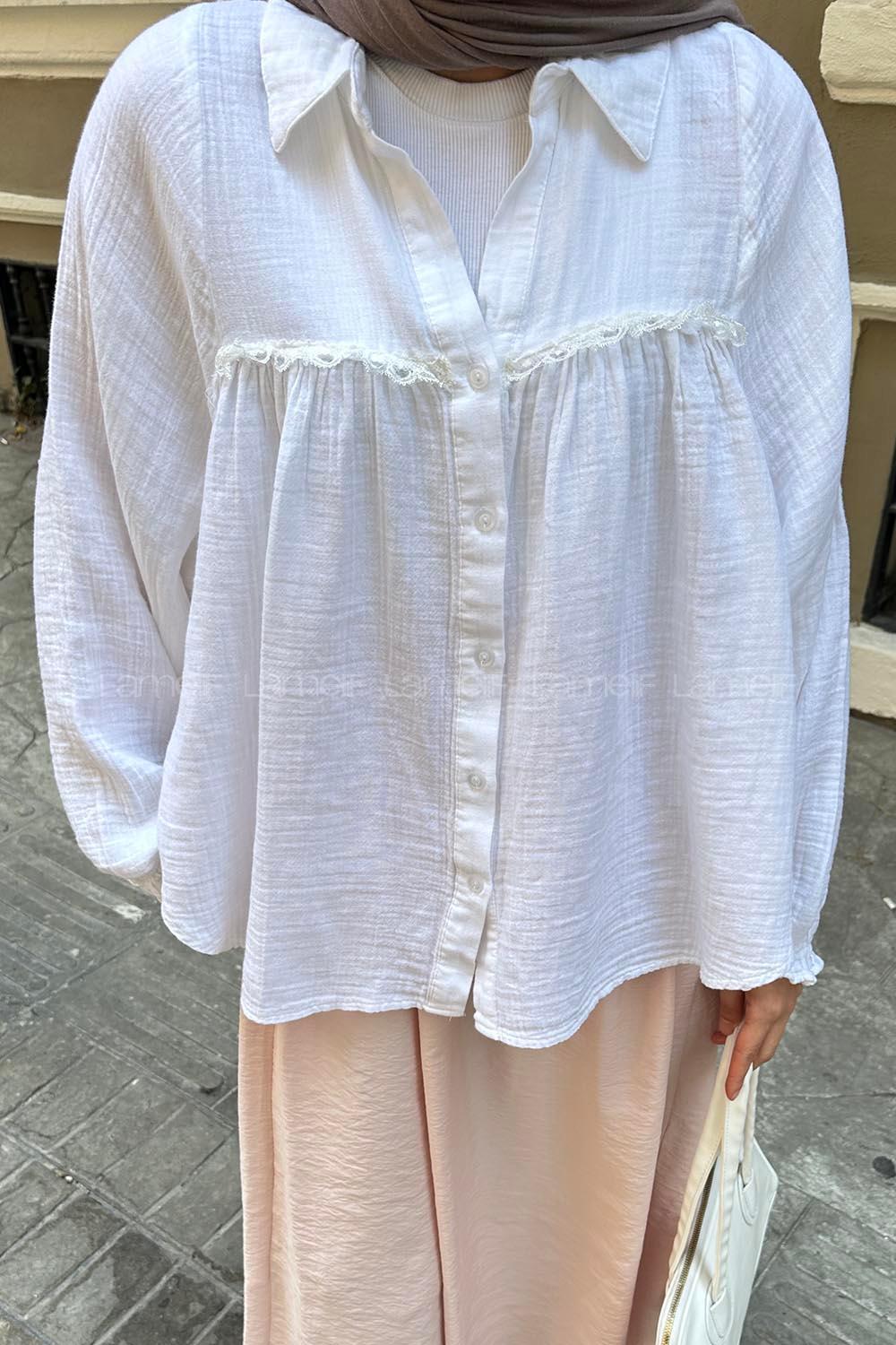 Lamelif Dantel Detaylı Gömlek Beyaz