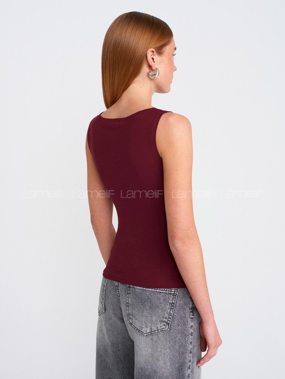 Lamelif Dilvin 20868 Kayık Yaka Kolsuz Top-Bordo