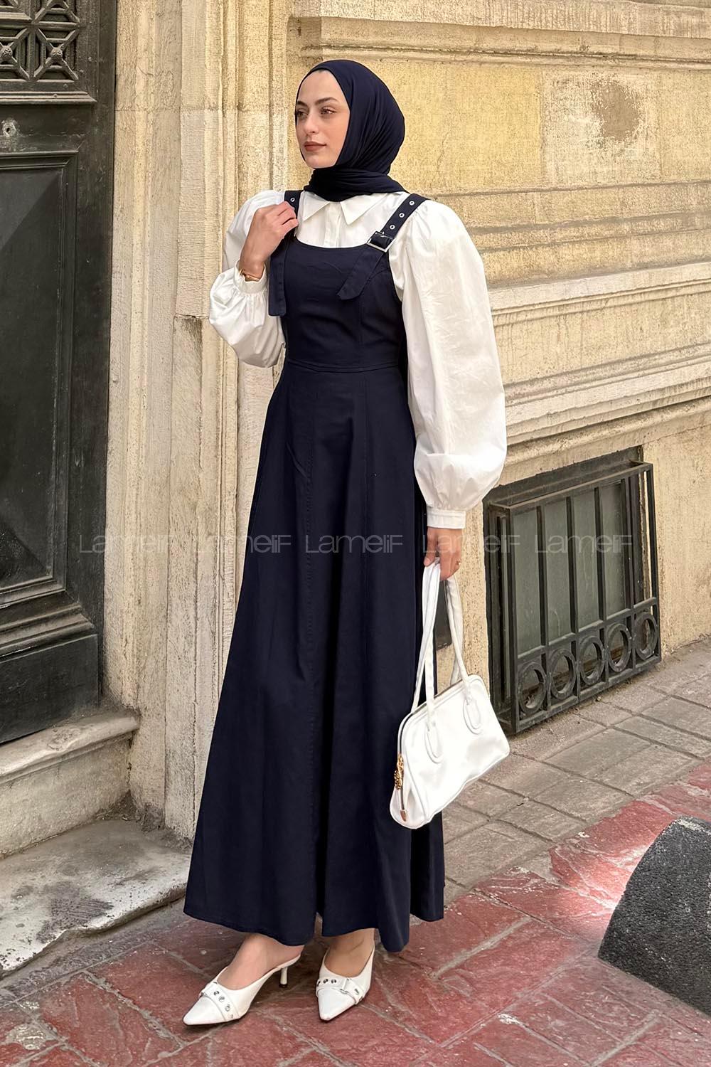 Navy Blue Scoop Neck Gabardin Unprinted Dresess