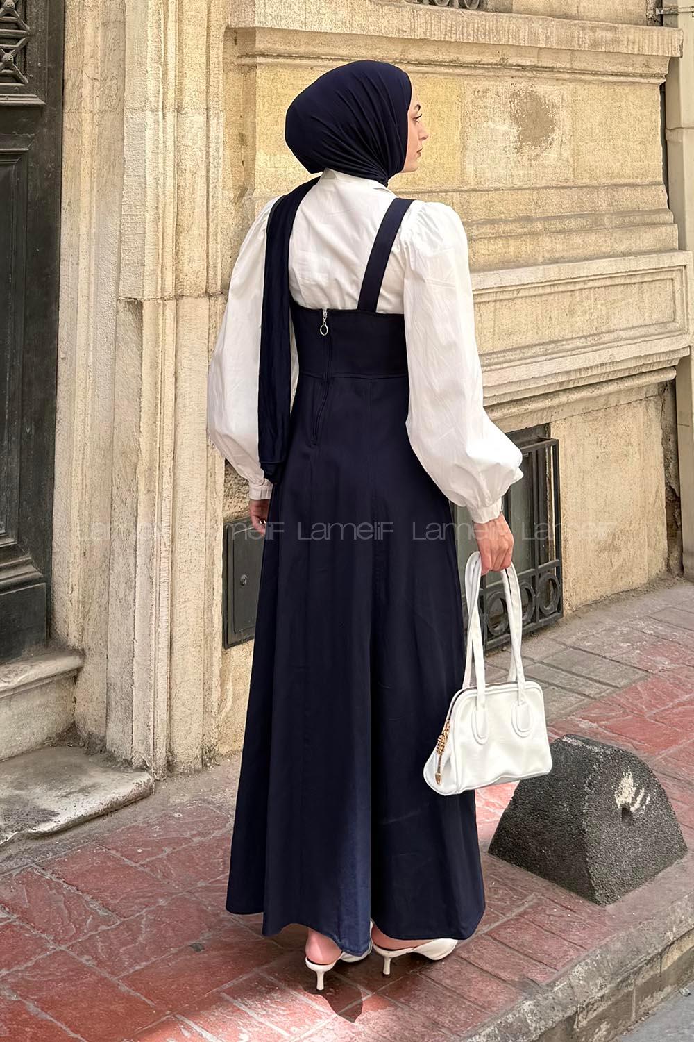 Navy Blue Scoop Neck Gabardin Unprinted Dresess