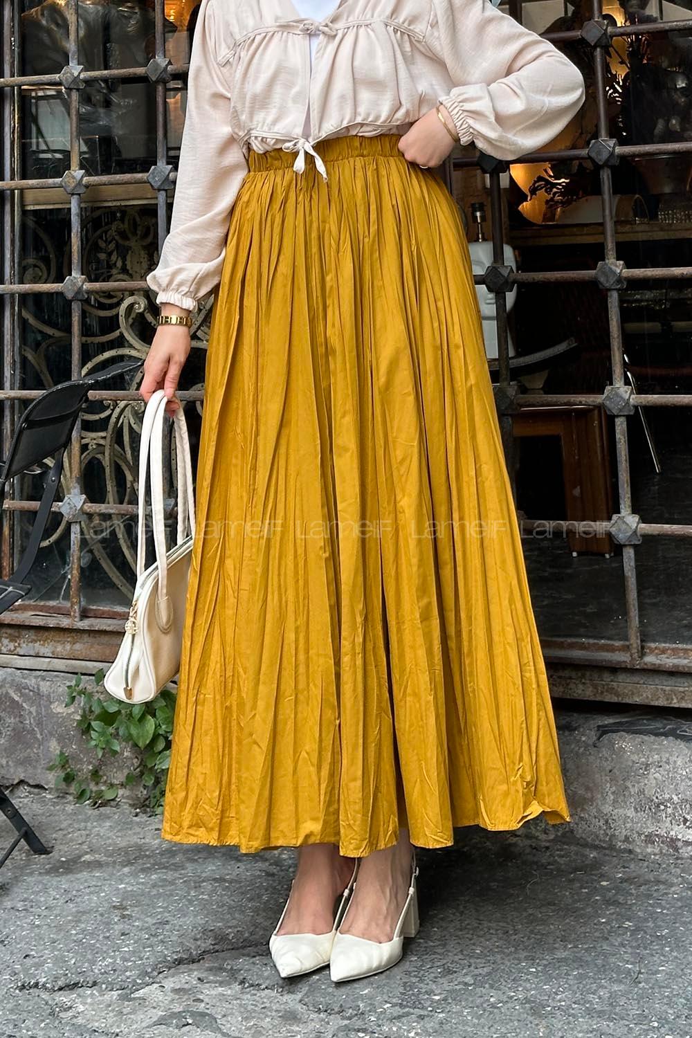 Lamelif Kraşlı Tesettür Etek Hardal Sarısı