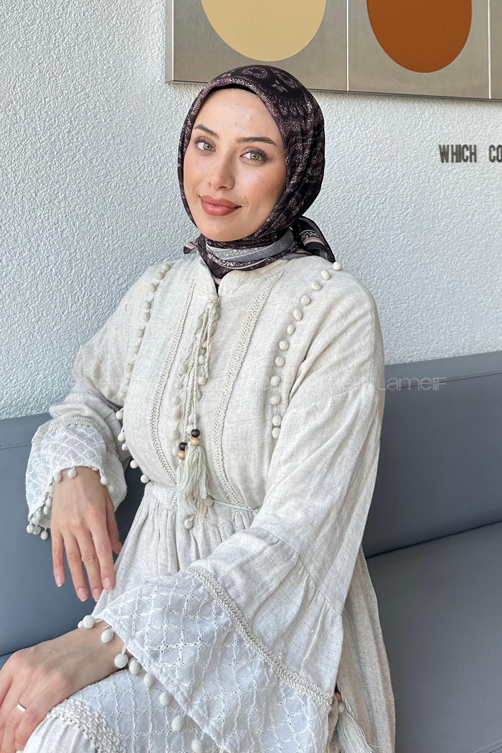 Lamelif Retro Desen Soft Eşarp Acı Kahve