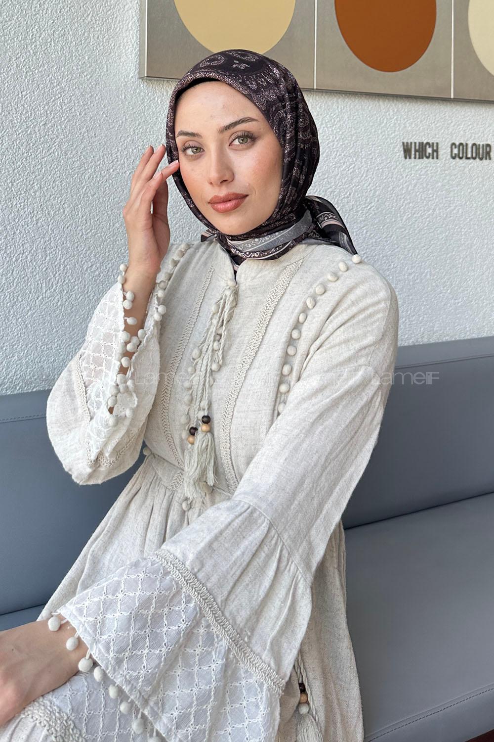 Lamelif Retro Desen Soft Eşarp Acı Kahve